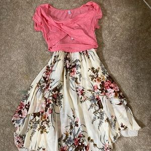 Flowey flowery pink and cream dress with pink top